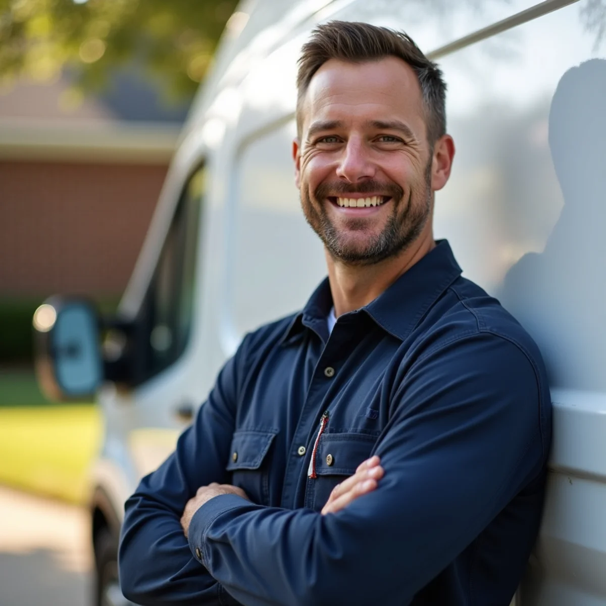 Jesse Littlejohn, owner of Littlejohn HVAC Solutions in Burlington, NC, beside his service van