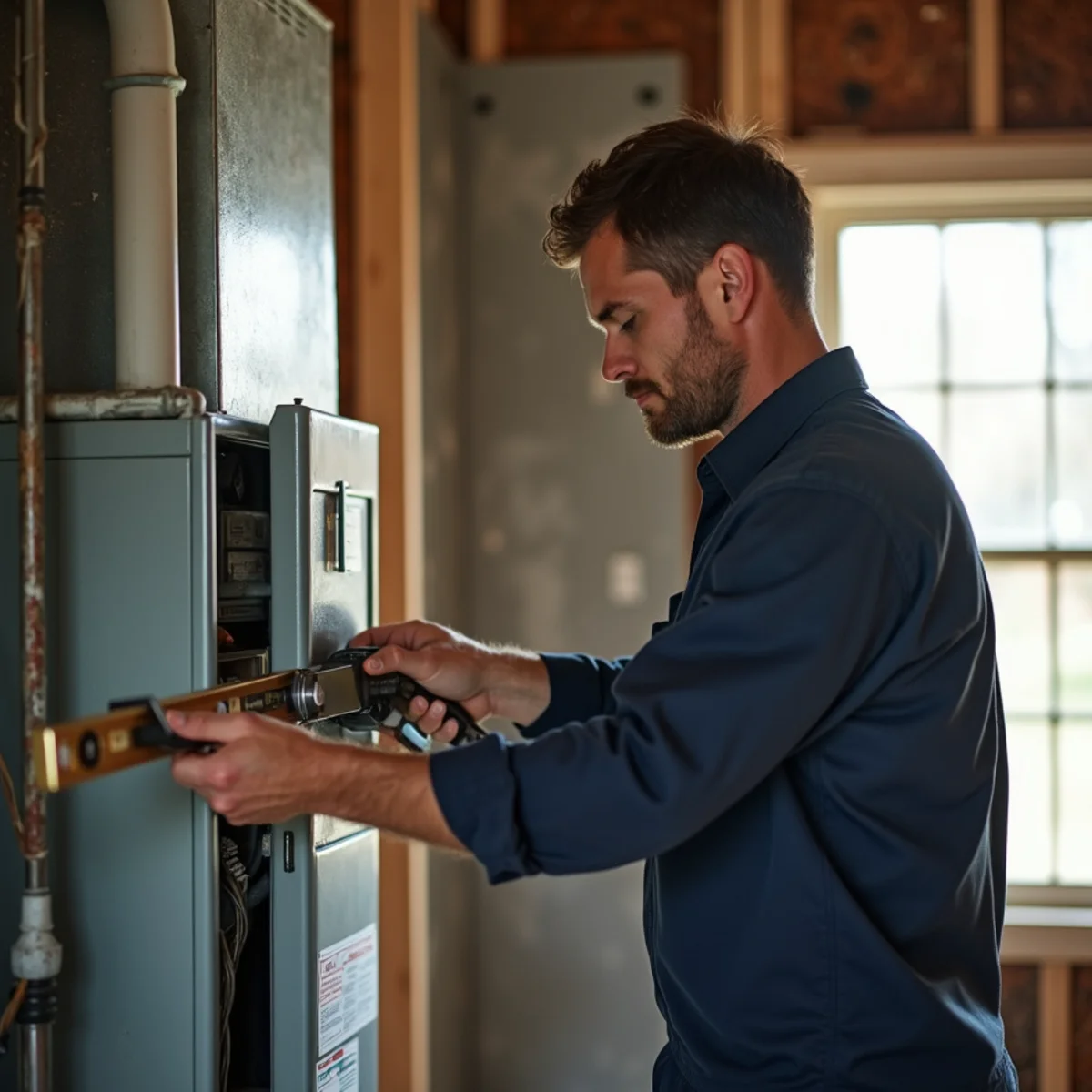Owner Jesse Littlejohn installing a new gas furnace in a Burlington, NC home