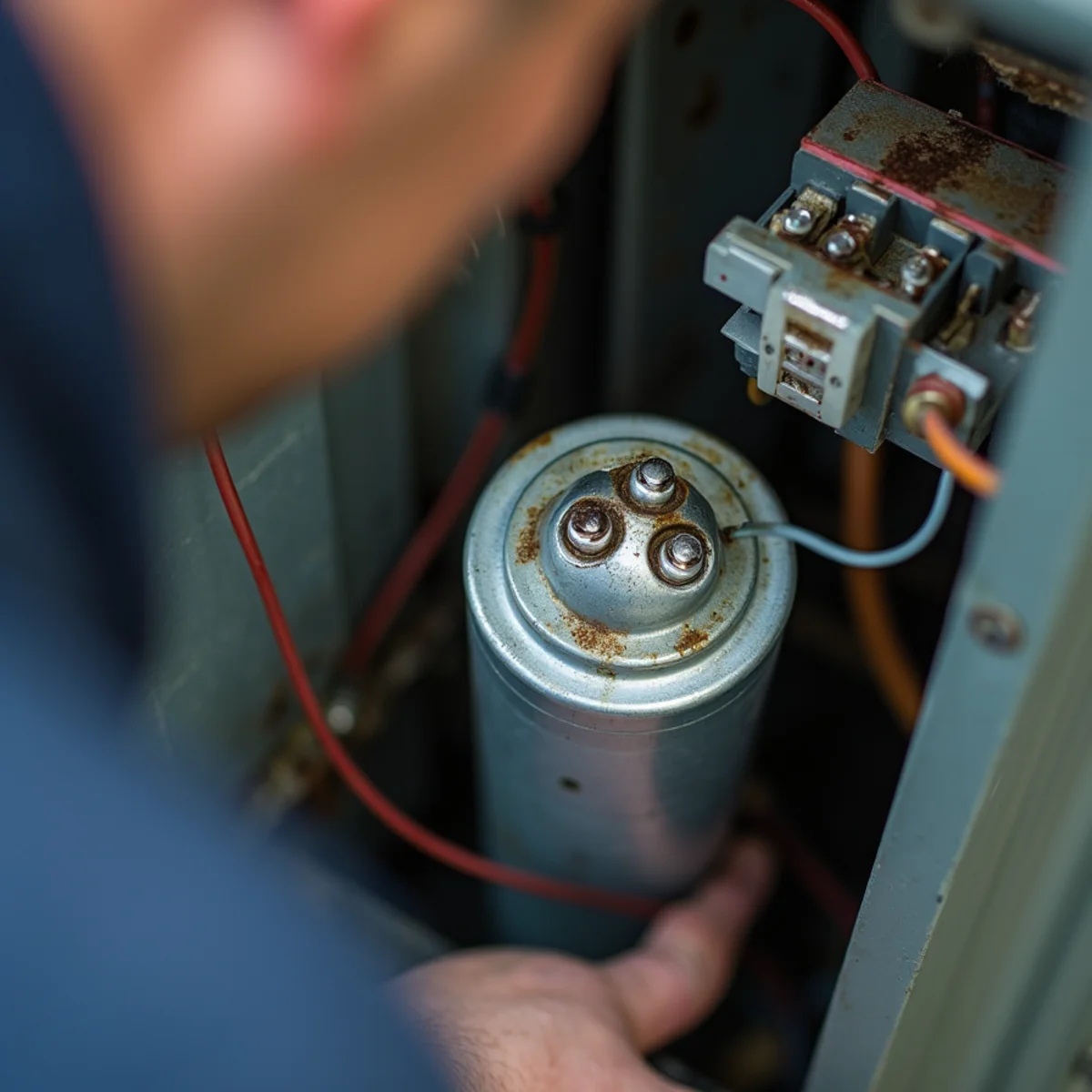 Bulging run capacitor inside an AC condenser needing repair in Burlington, NC