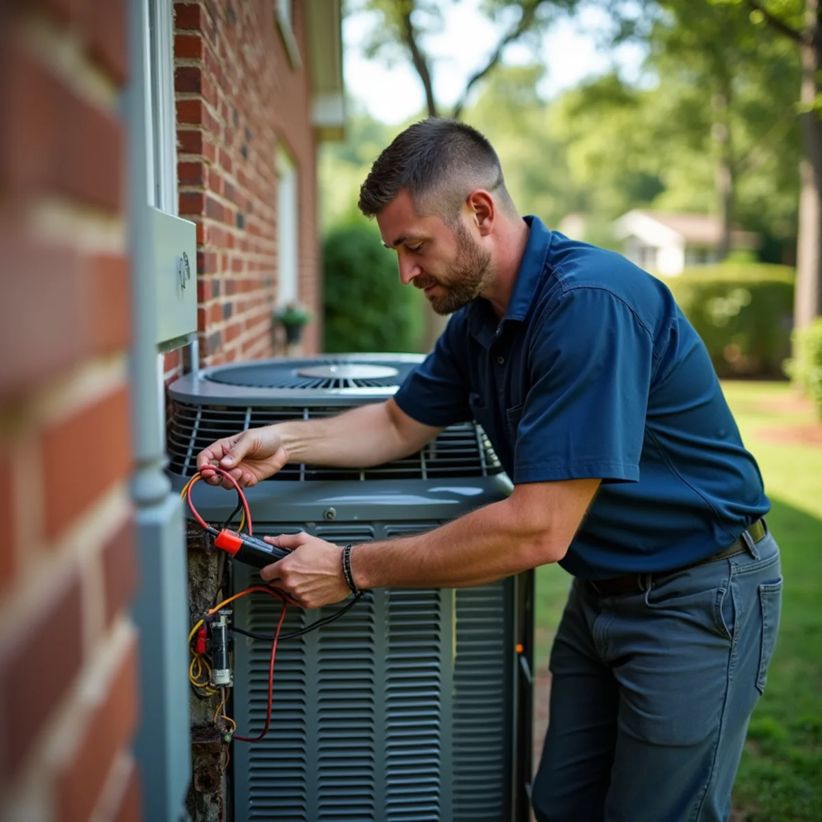 AC repair technician diagnosing an air conditioner at a Burlington, NC home