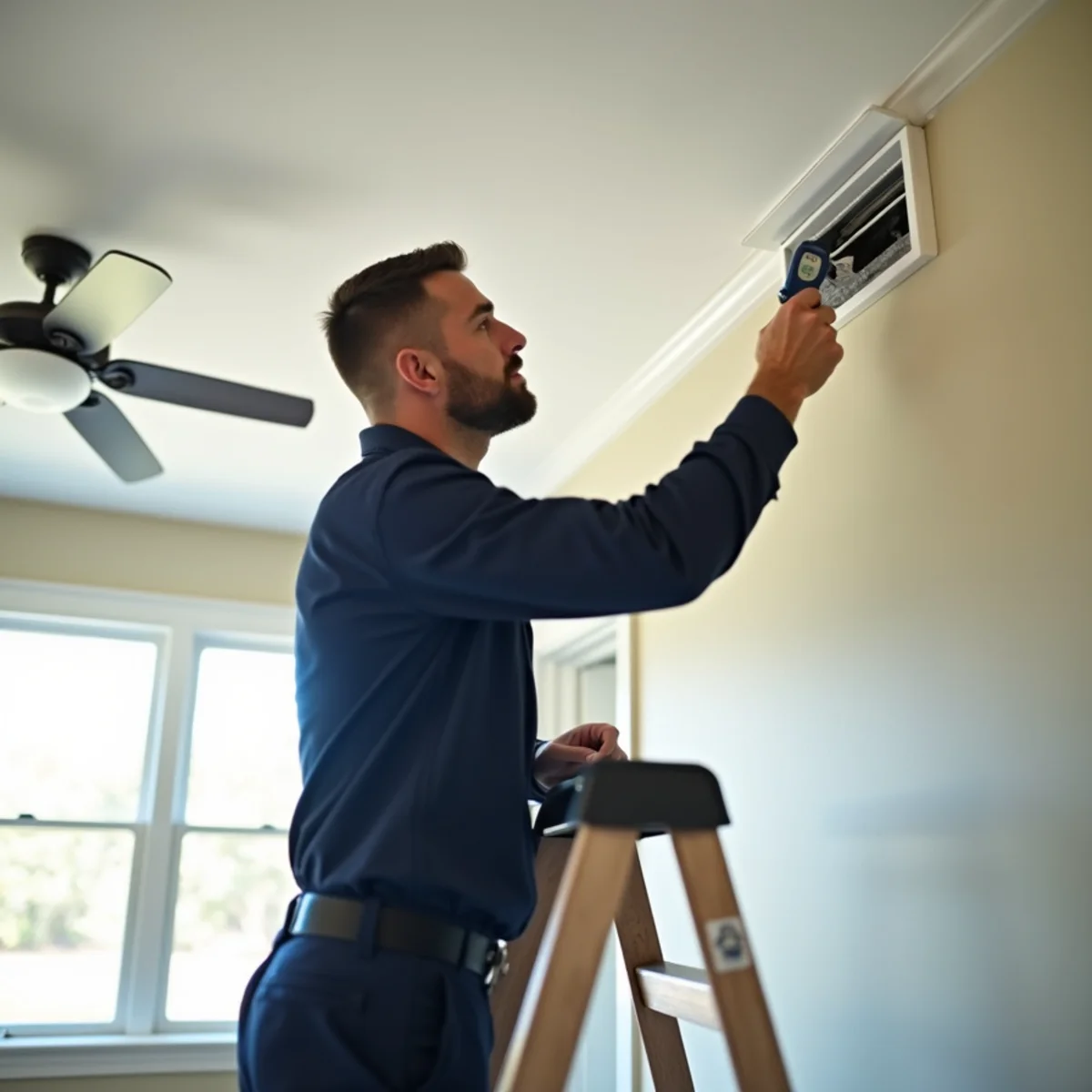 Technician measuring supply air temperature at a ceiling vent in a home near Elon, NC