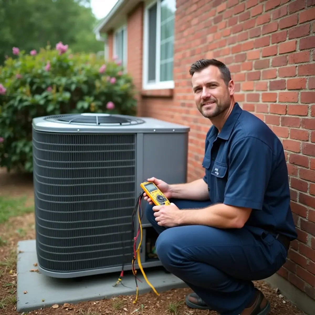 HVAC technician checking a silent outdoor AC condenser beside a red-brick ranch in Burlington, NC during a summer heat wave