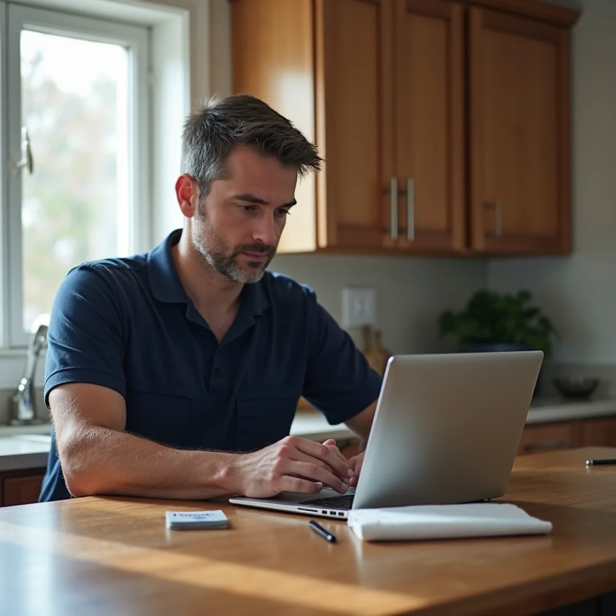Homeowner looking up an HVAC contractor's North Carolina license online at a kitchen table