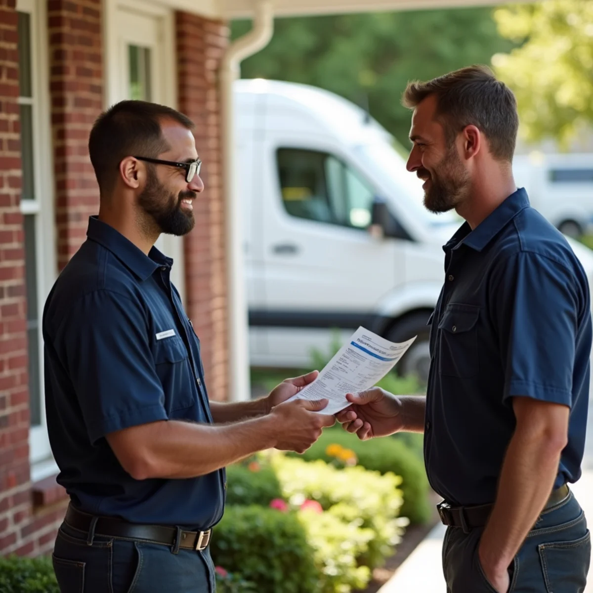 Homeowner receiving a certificate of insurance from an HVAC contractor at the front door in Burlington, NC