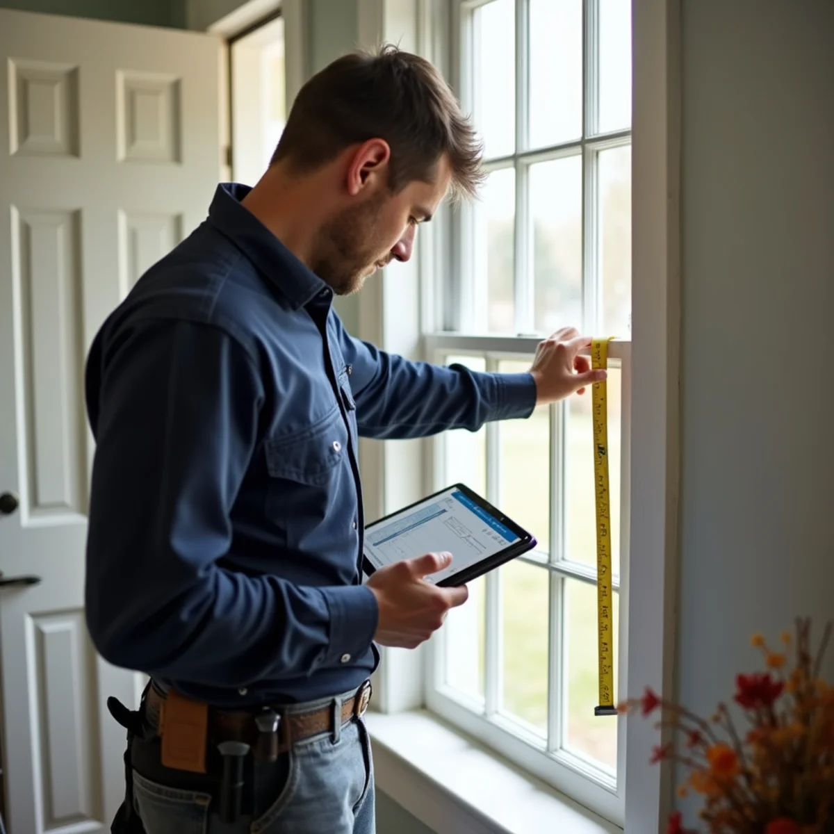 HVAC contractor measuring a room for a Manual J load calculation in an Alamance County, NC home