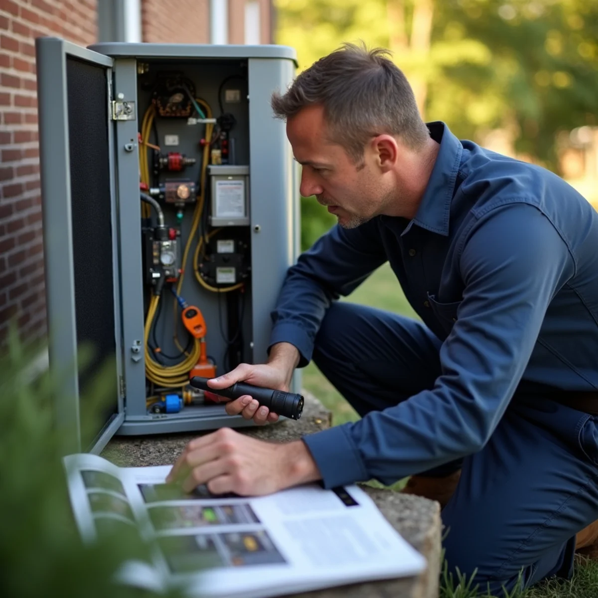 HVAC technician showing a homeowner the diagnosis on their outdoor unit in Alamance County, NC