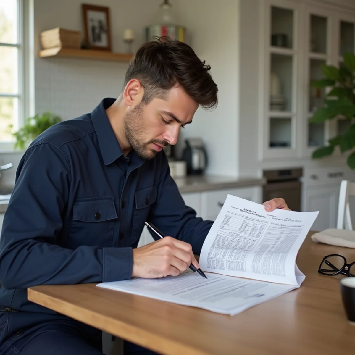Homeowner comparing itemized written HVAC quotes at a kitchen table in Alamance County, NC