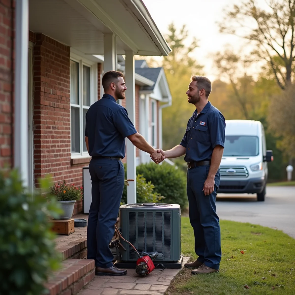 Owner-operator HVAC technician introducing himself to a homeowner on install day in Burlington, NC