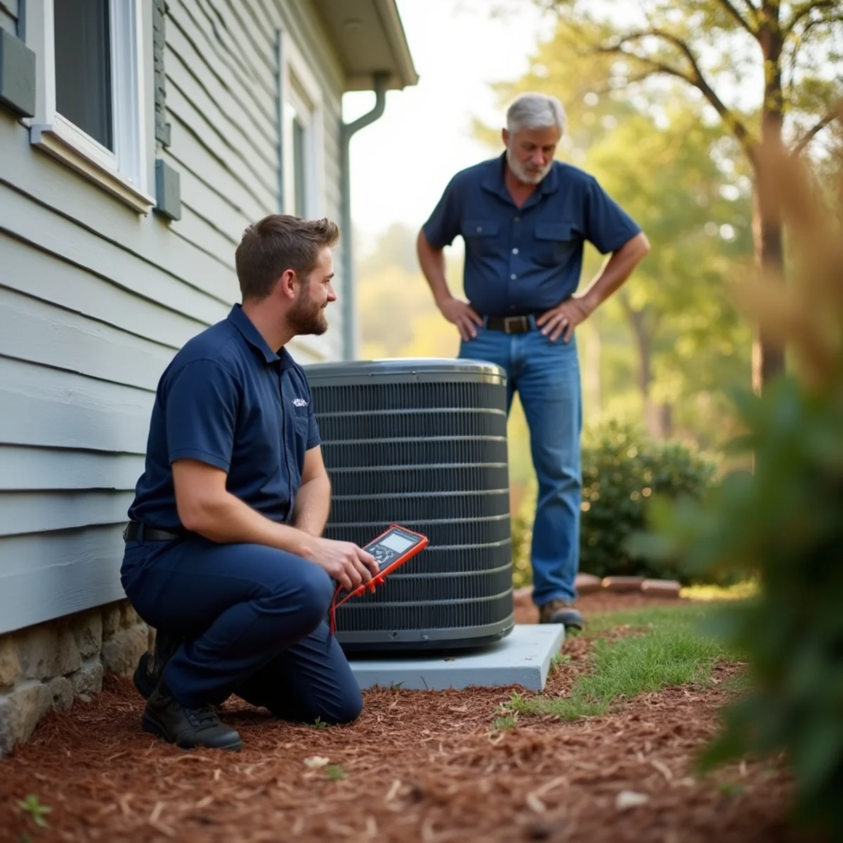 HVAC technician returning for a follow-up service visit on a new system in Alamance County, NC
