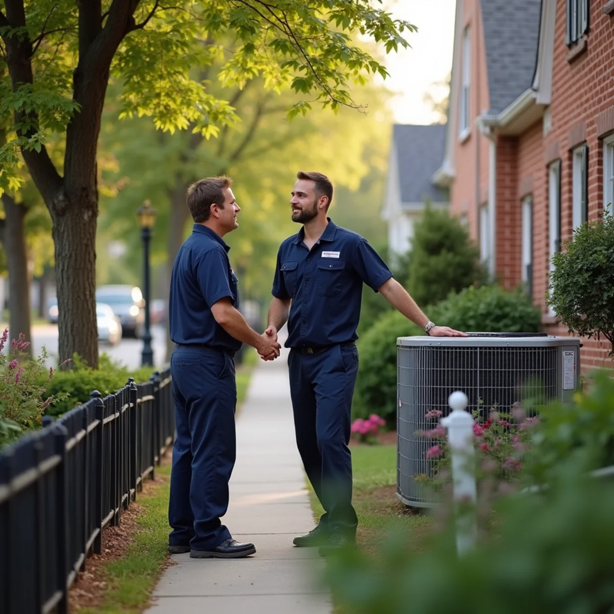 Neighbors chatting across a front yard about a local HVAC contractor in Graham, NC