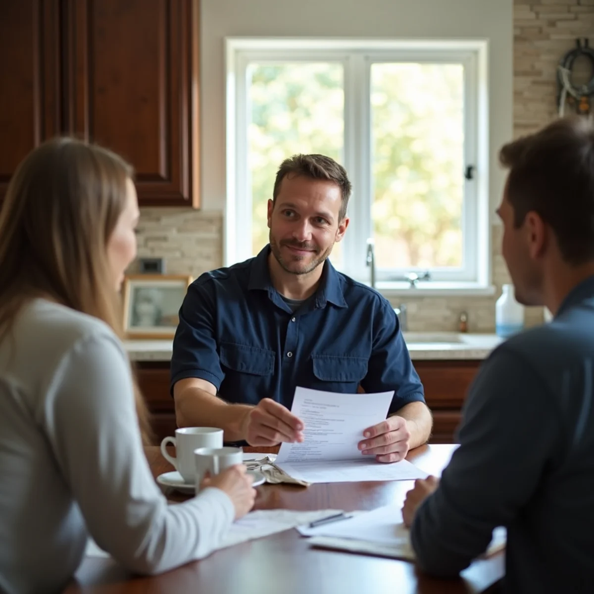 HVAC contractor reviewing a written installation quote with a homeowner at a kitchen table in Alamance County, NC