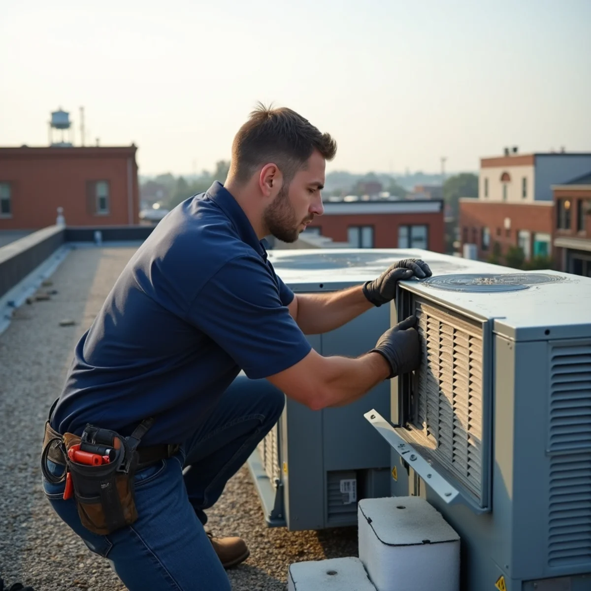 Technician servicing a packaged rooftop HVAC unit on a small commercial building in Burlington, NC