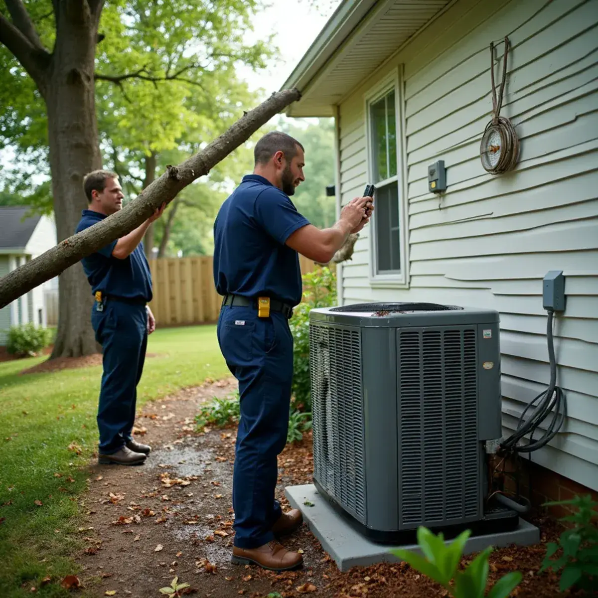 Outdoor AC condenser damaged by a fallen tree limb after a storm in Guilford County, NC