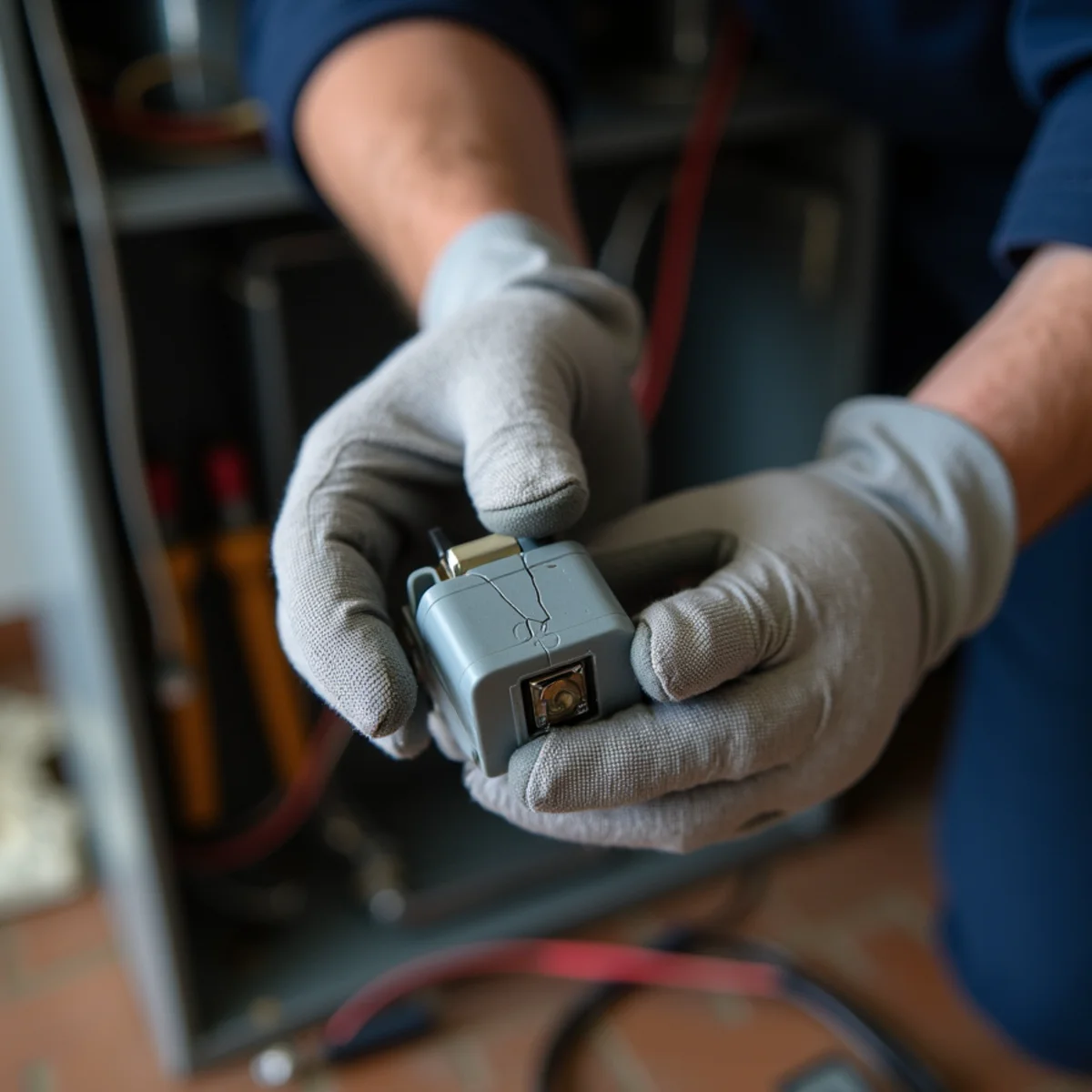 Close-up of a cracked hot surface igniter removed from a gas furnace in Burlington, NC