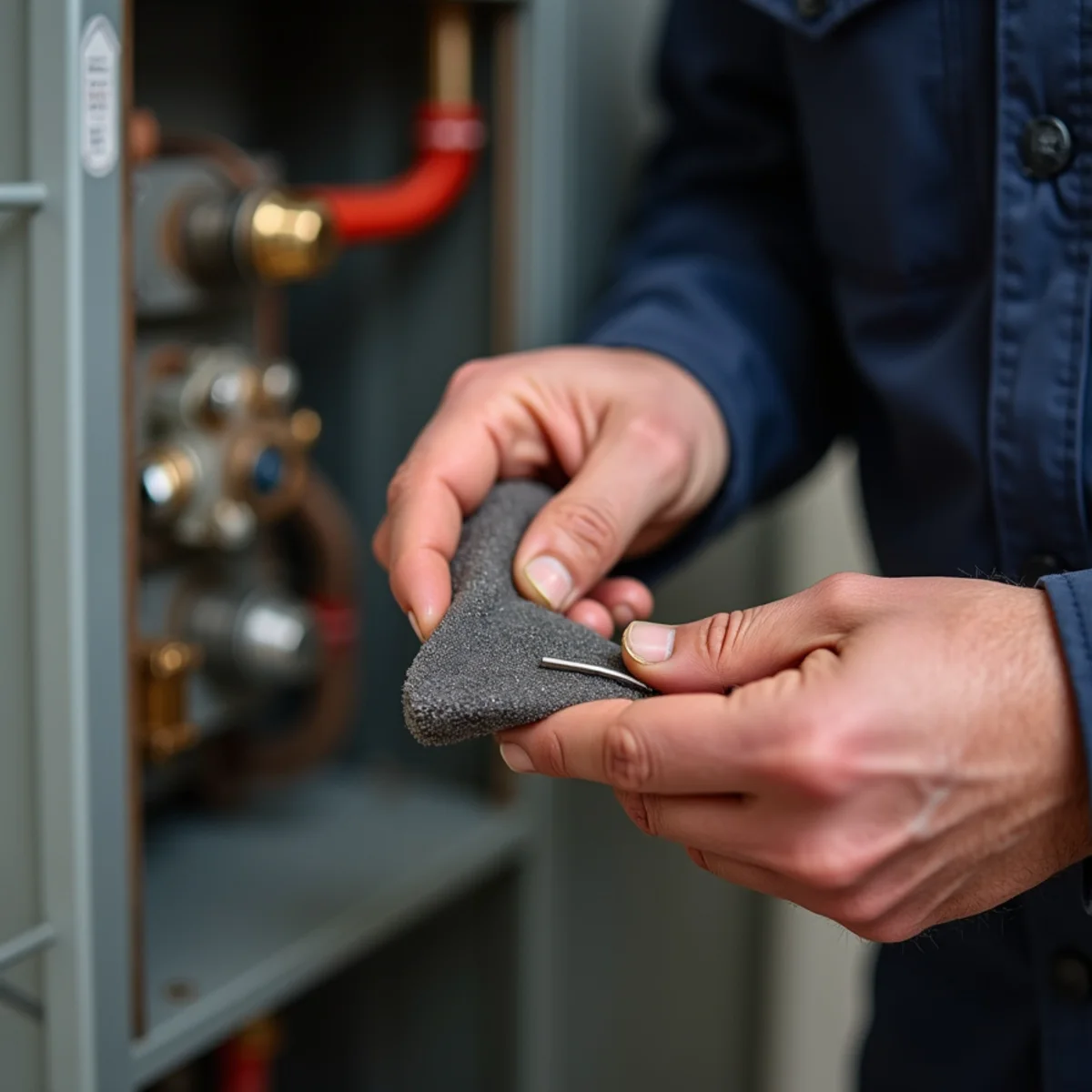 Technician cleaning an oxidized flame sensor from a gas furnace in Alamance County, NC