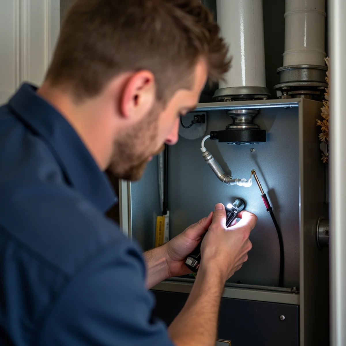 Technician inspecting the pressure switch hose and inducer motor on a high-efficiency gas furnace