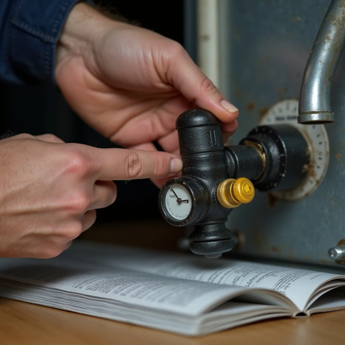 Gas shutoff valve with yellow handle on the supply line to a residential gas furnace in NC