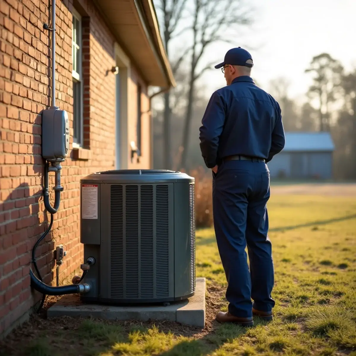 Heat pump outdoor unit beside a gas meter on a brick home in rural Alamance County, NC