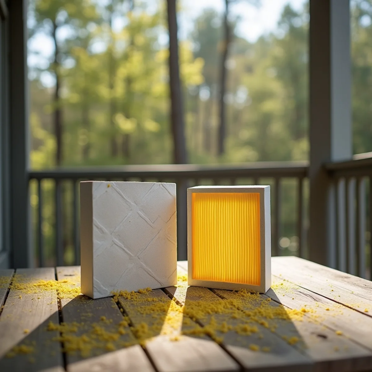 Clean and pollen-clogged HVAC air filters side by side with yellow pine pollen on a porch in Chapel Hill, NC