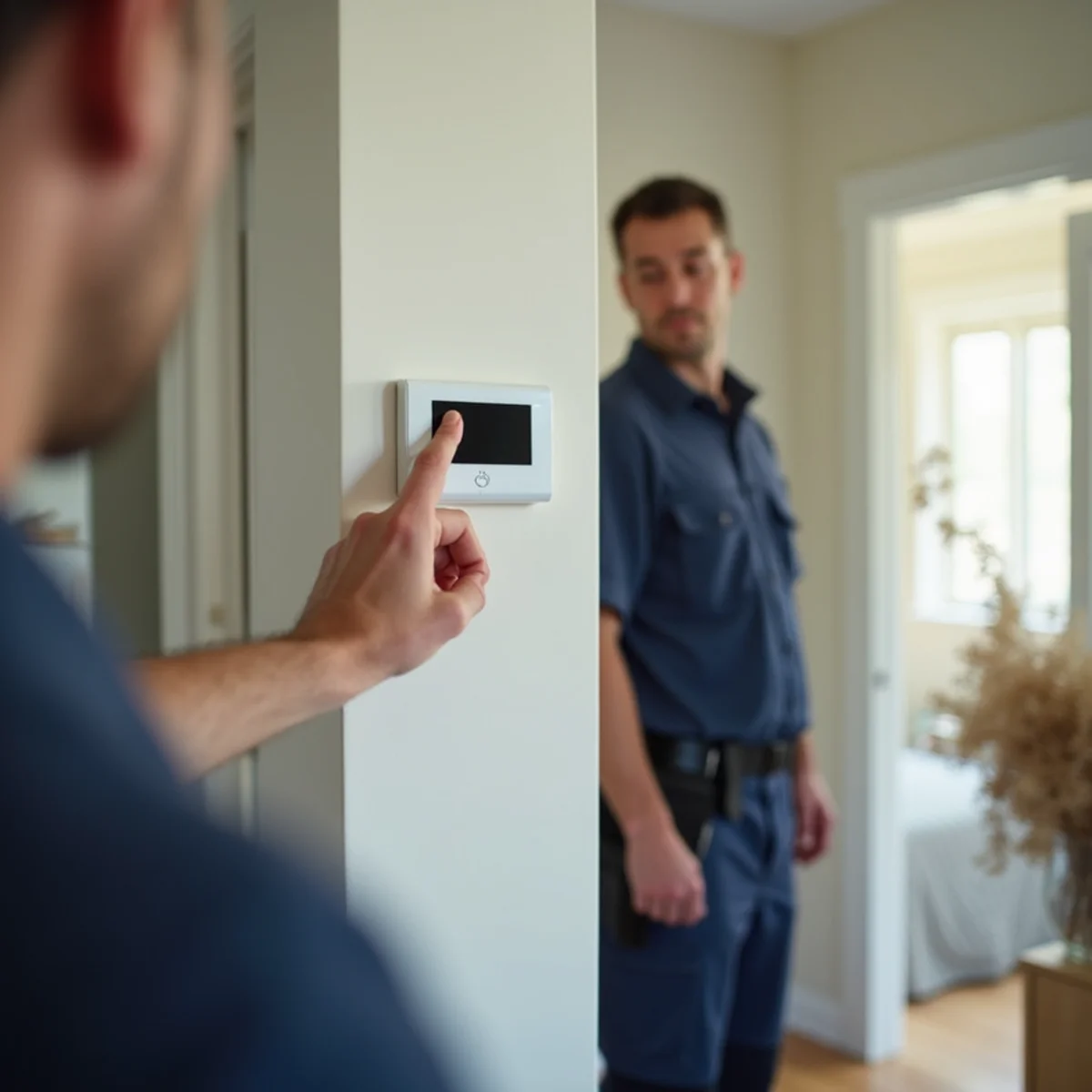 Homeowner switching a thermostat off after noticing a burning electrical smell from the HVAC system