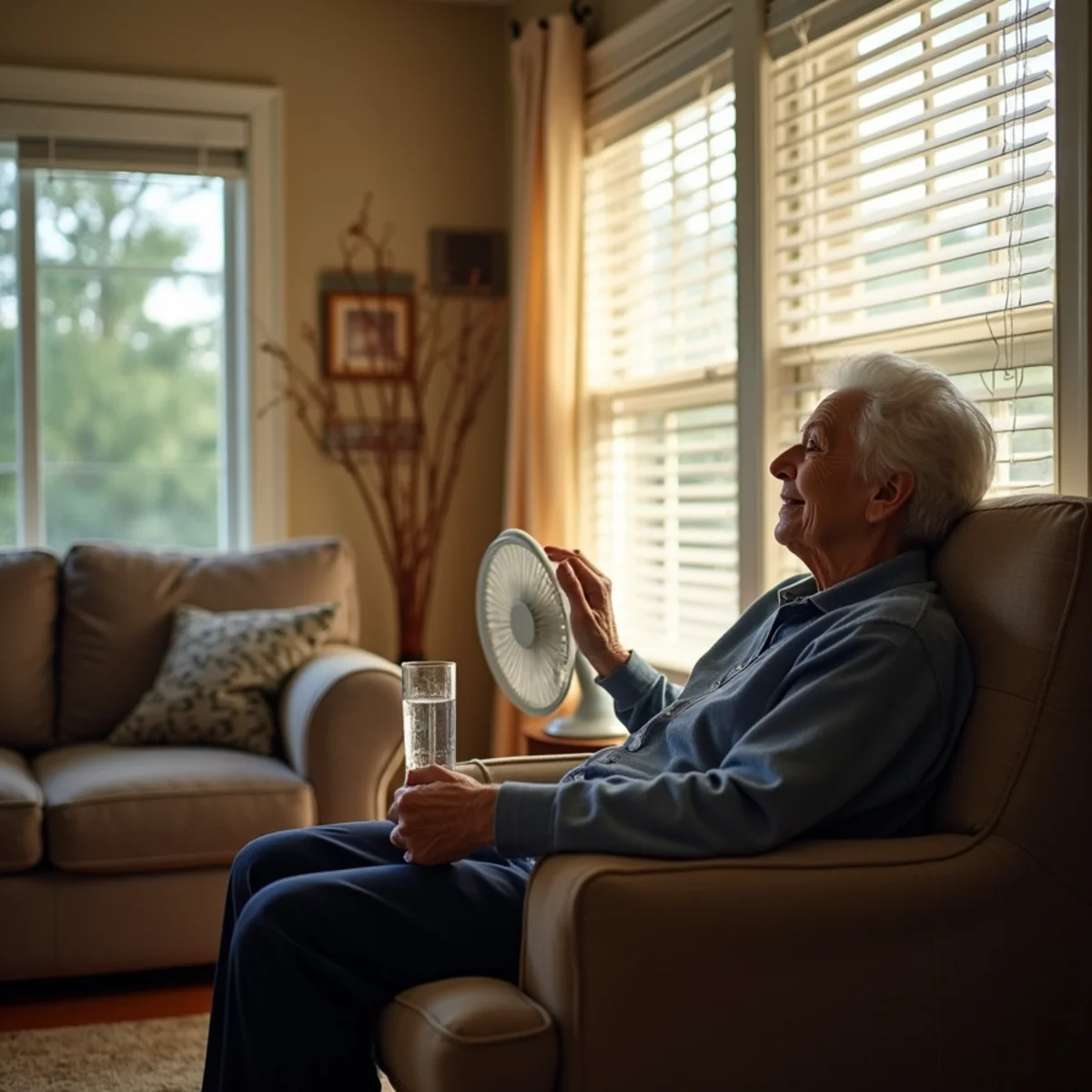 Older homeowner cooling off indoors during a heat wave after the AC failed in Alamance County, NC