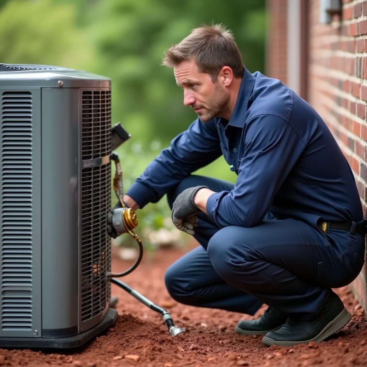 HVAC technician diagnosing a loud grinding noise from an outdoor AC unit in Burlington, NC
