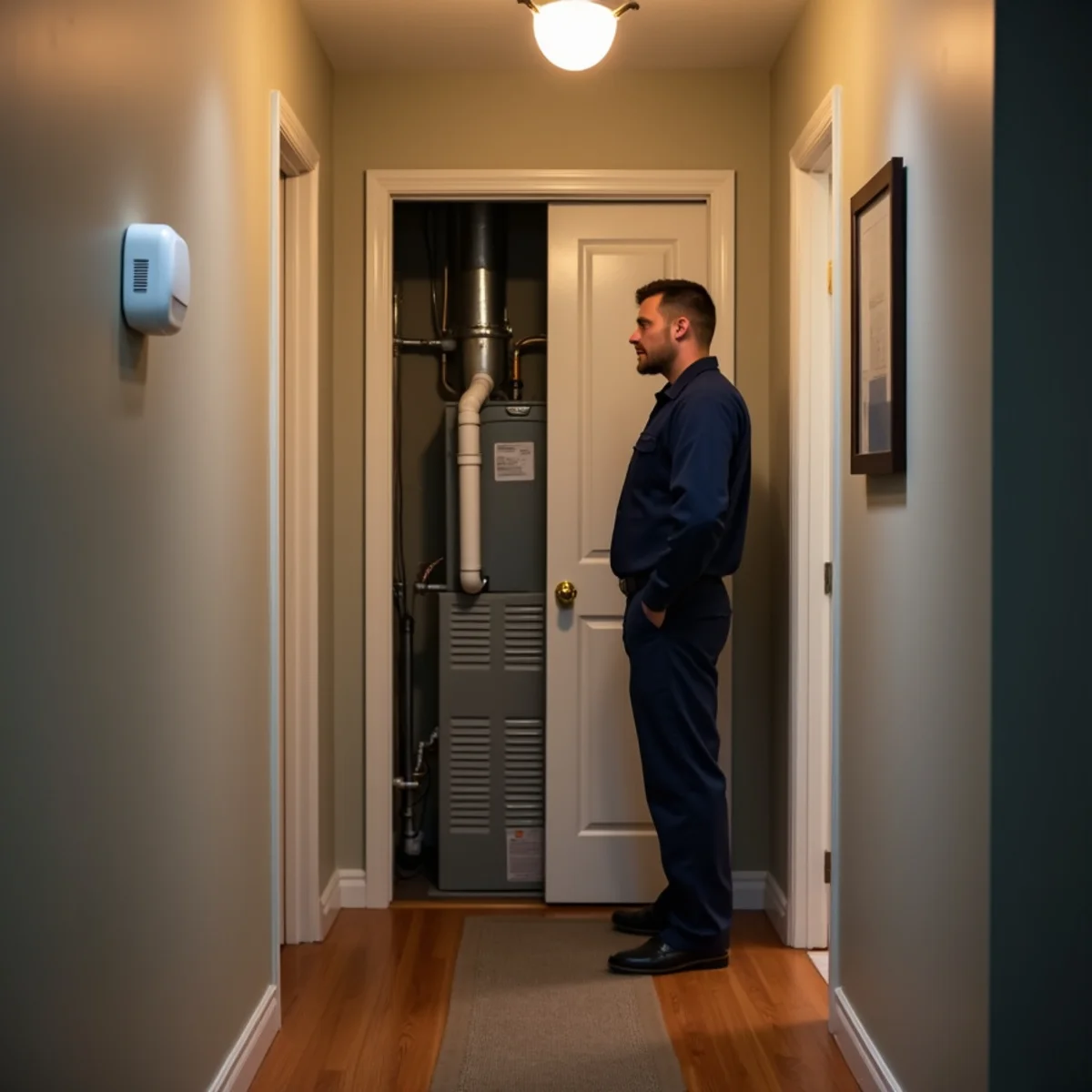 Carbon monoxide alarm mounted in a hallway near a gas furnace closet in a Gibsonville, NC home