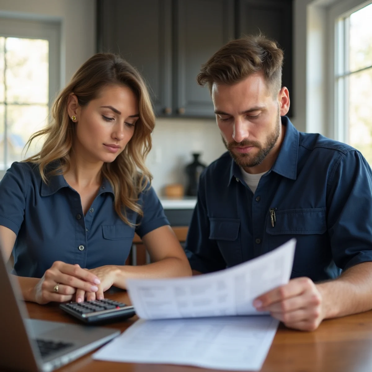 Homeowner reviewing a written HVAC replacement quote and rebate options with a technician at a kitchen table in Mebane, NC