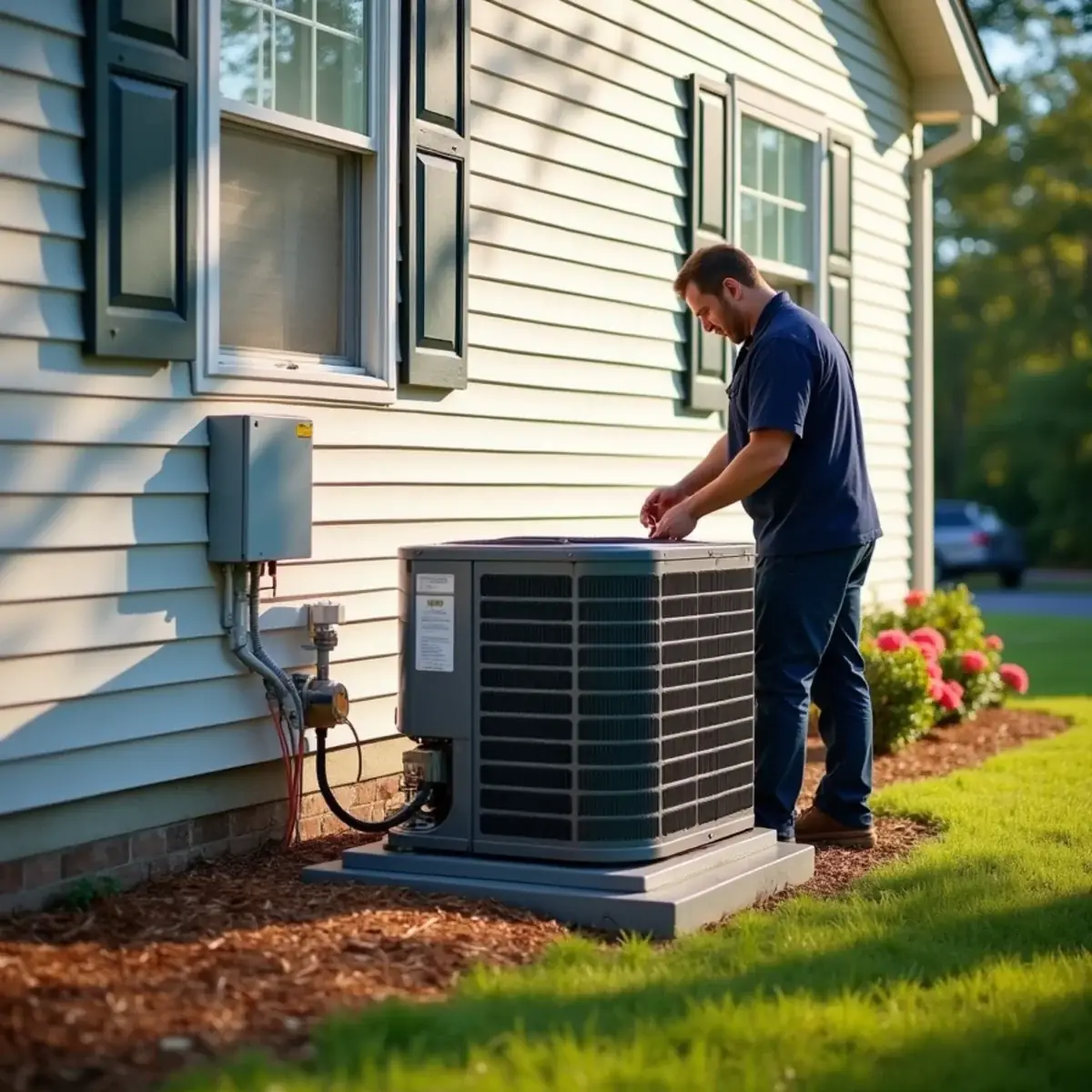 Newly installed heat pump condenser on a level pad beside a two-story home in Burlington, NC
