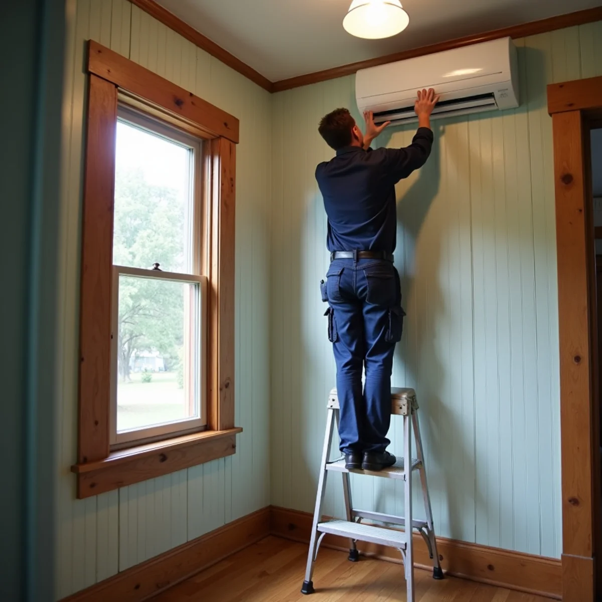 Ductless mini-split head mounted high on a wall inside a small wood-frame mill house near Burlington, NC