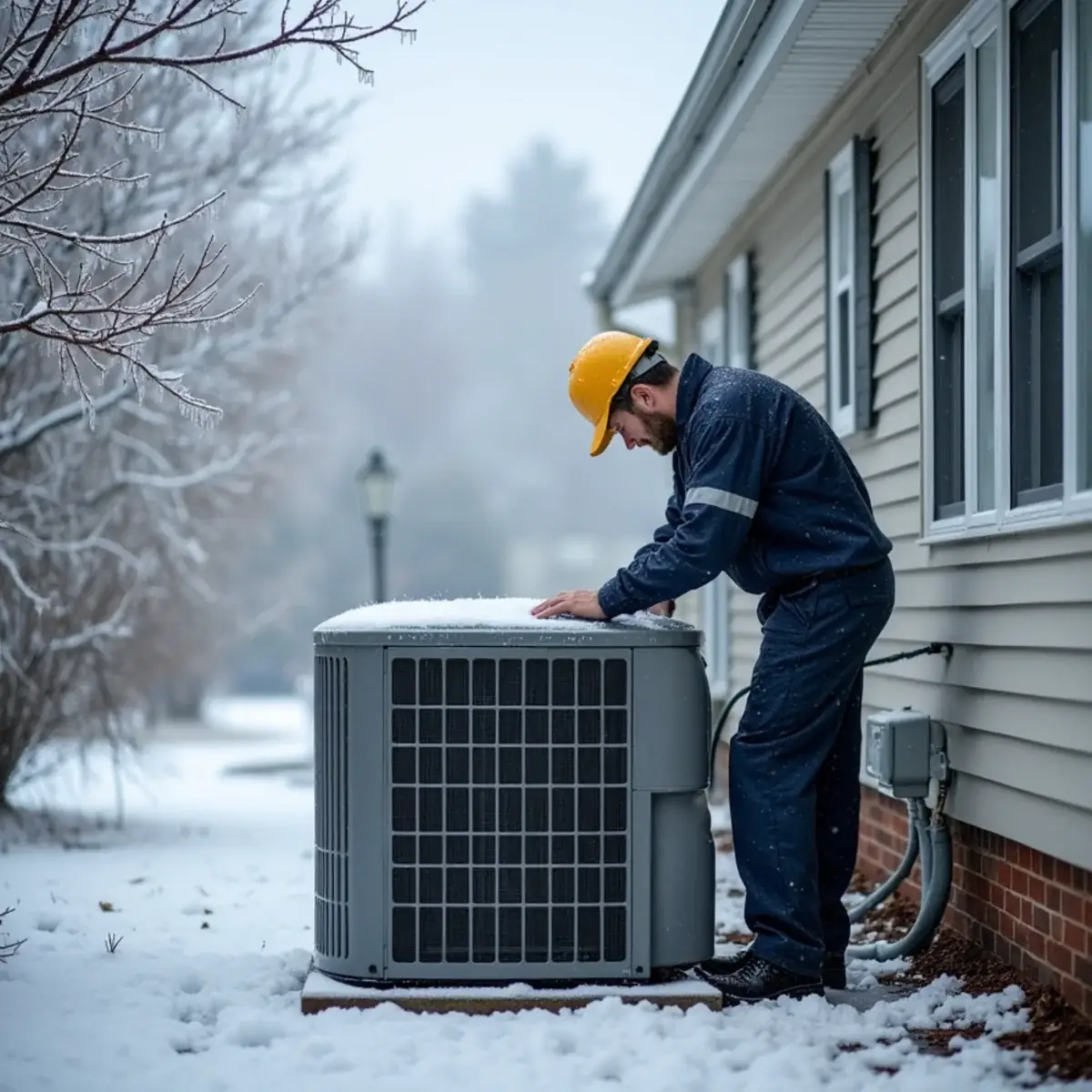 Heat pump outdoor unit coated in freezing rain beside ice-covered shrubs at a home in Alamance County, NC