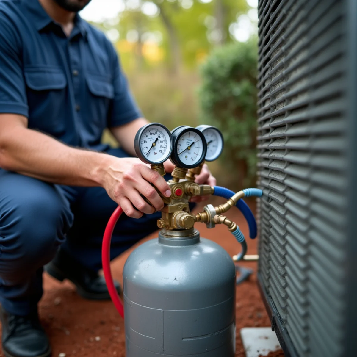 HVAC technician connecting refrigerant gauges to an older heat pump to check its refrigerant type in NC