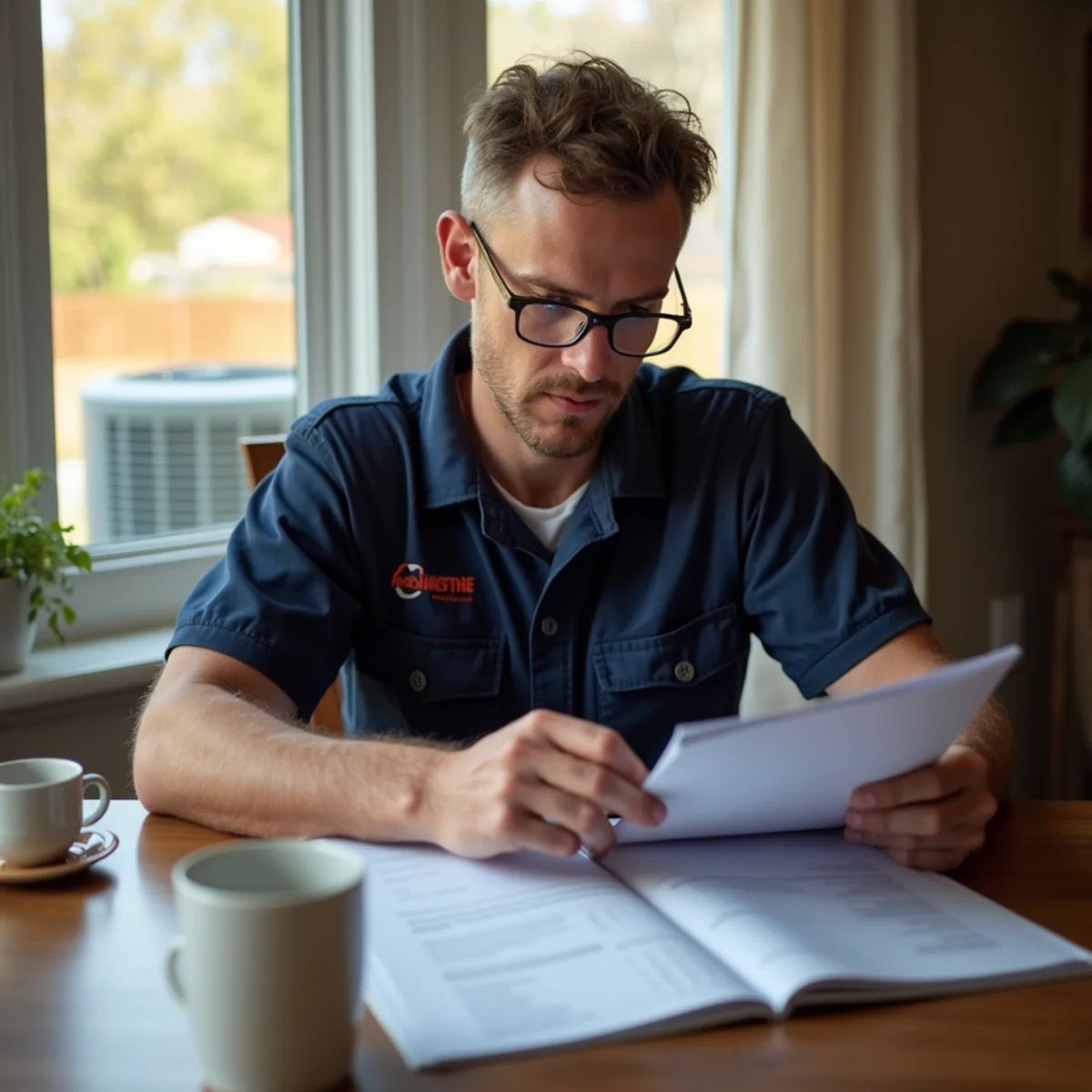 Homeowner reviewing a stack of past HVAC service invoices at a kitchen table in Guilford County, NC
