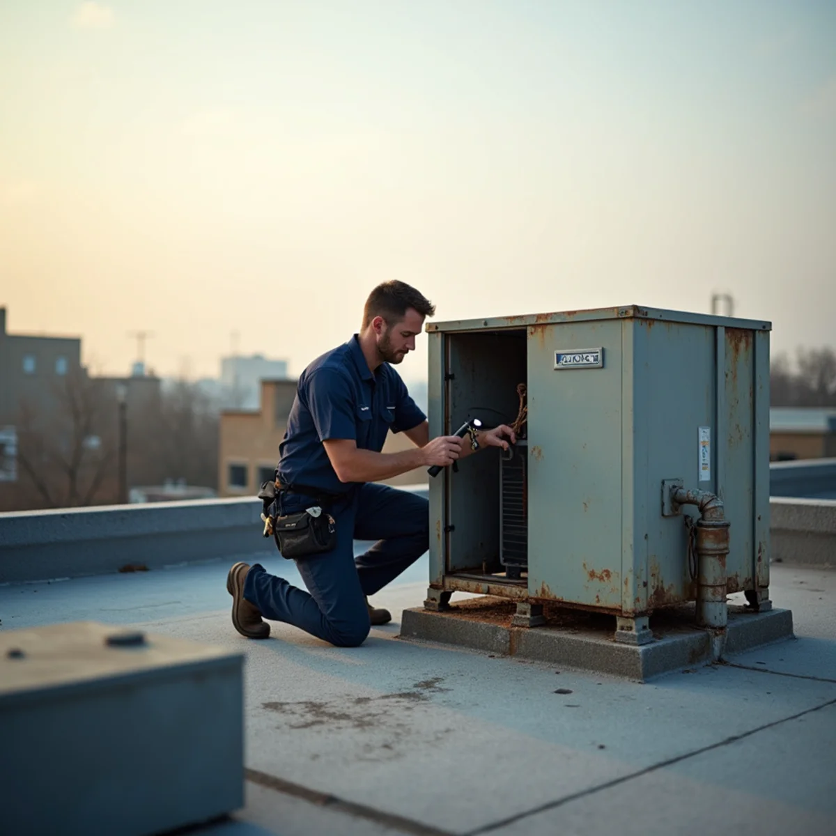 Aging packaged rooftop HVAC unit with a rusted cabinet on a small retail building in Greensboro, NC