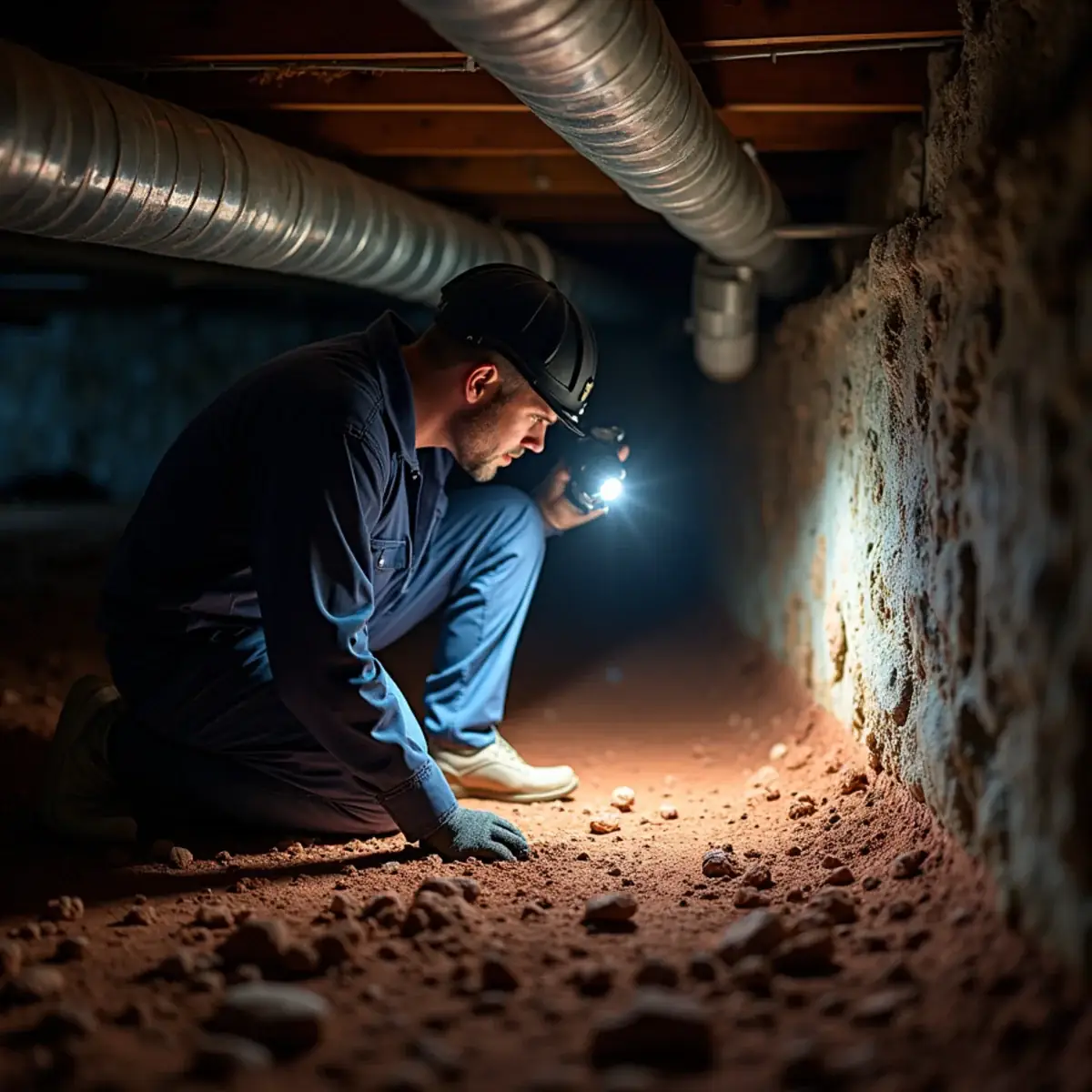 Sagging, disconnected flex ductwork in a crawlspace under an older home in Glen Raven, NC