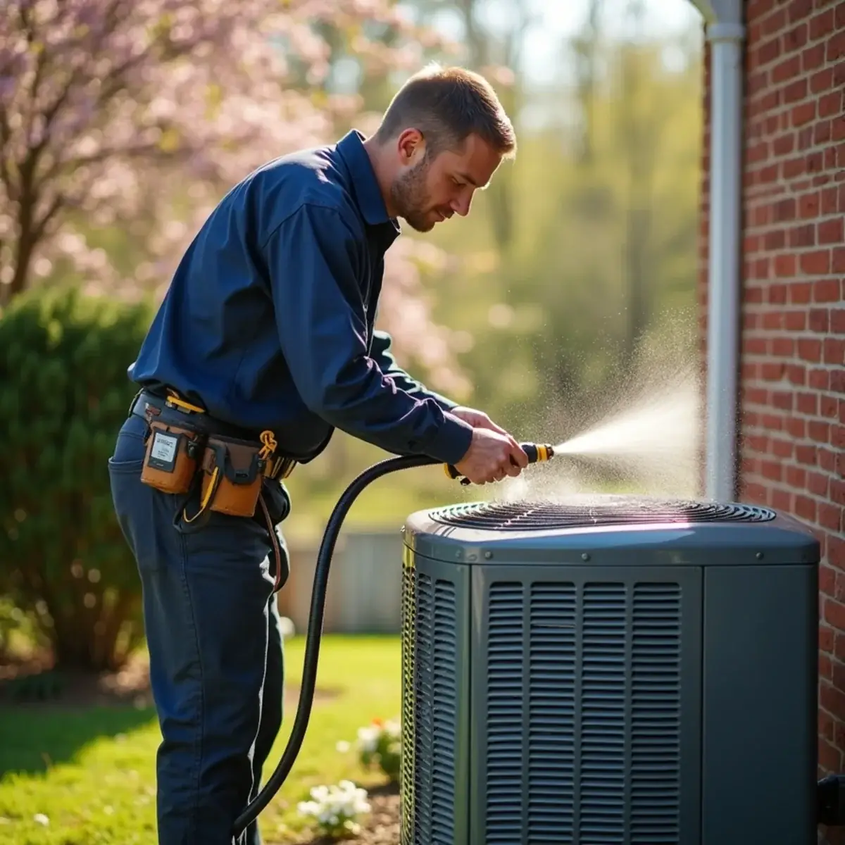HVAC technician rinsing pollen off an outdoor AC condenser coil at a home in Burlington, NC
