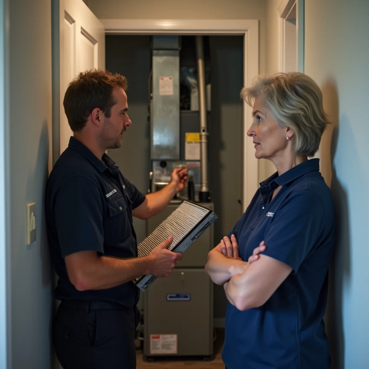 HVAC technician explaining an air filter and furnace to a Burlington, NC homeowner