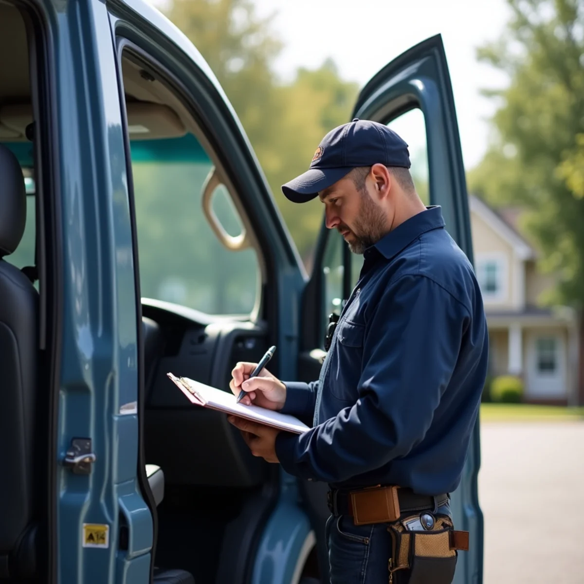 HVAC contractor on the phone beside his service van ready to respond in Burlington, NC