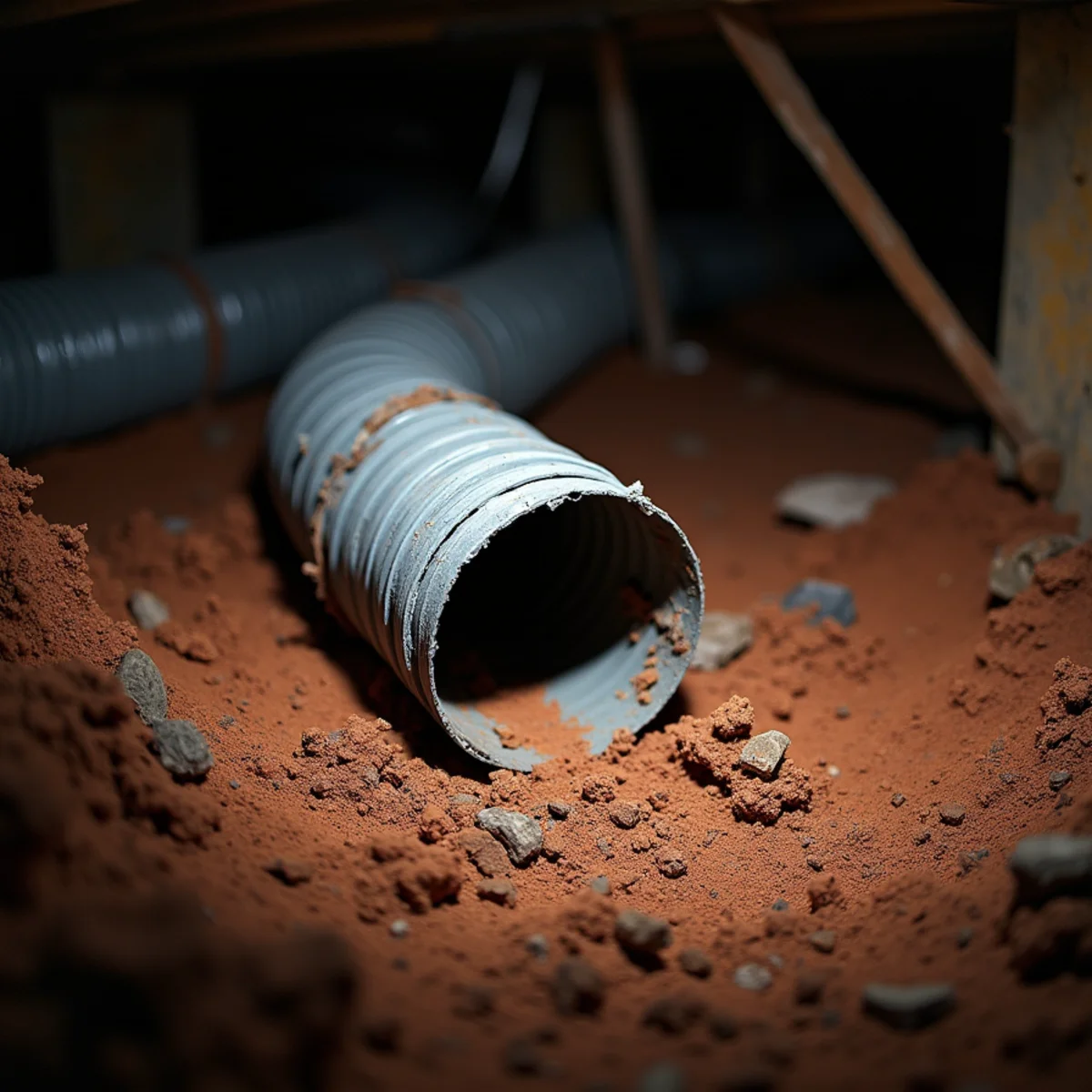 Crushed and sagging flex duct lying on crawlspace dirt in Burlington, NC
