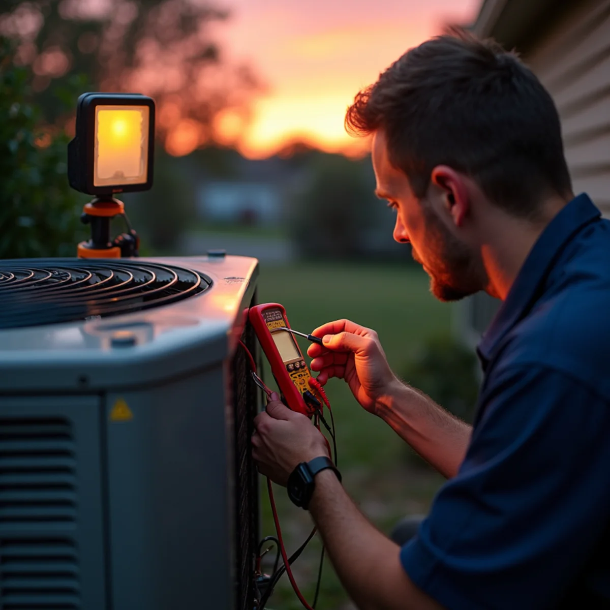 HVAC technician testing a contactor during an emergency AC repair in Burlington, NC