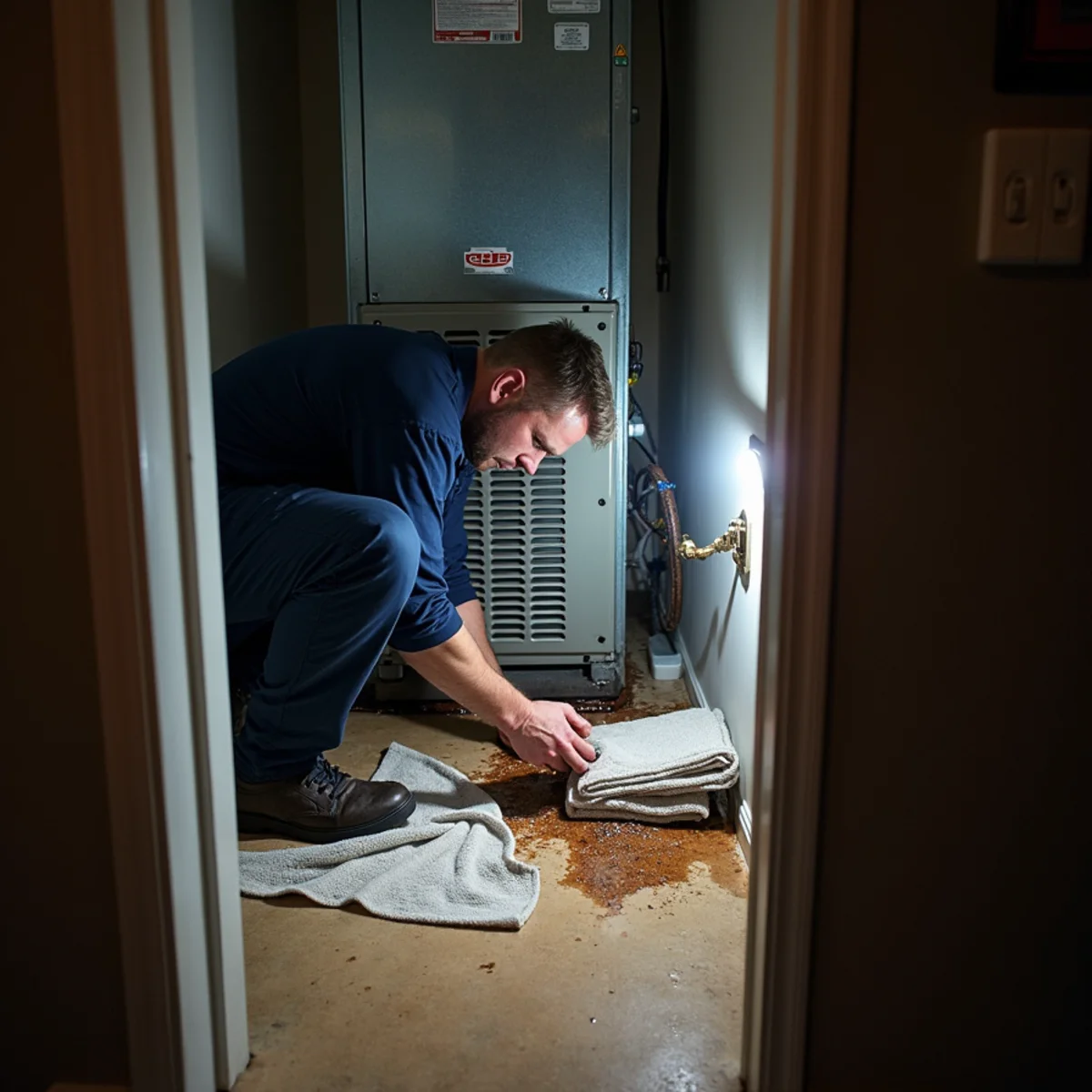 Water overflowing from an indoor air handler during an HVAC emergency in Burlington, NC