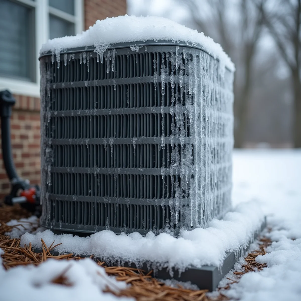 Heat pump outdoor coil encased in ice needing service in Burlington, NC