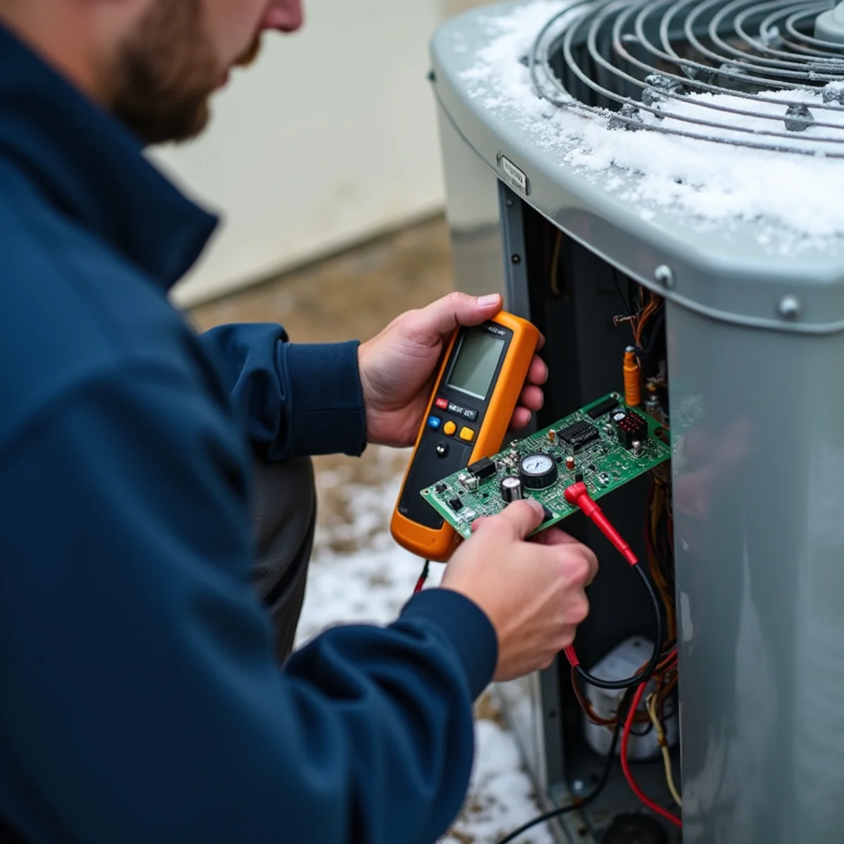 HVAC technician testing a heat pump defrost control in Burlington, NC