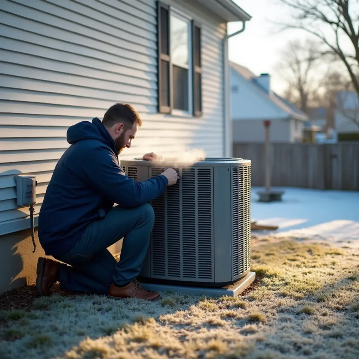Heat pump service technician working on an outdoor unit in winter in Burlington, NC