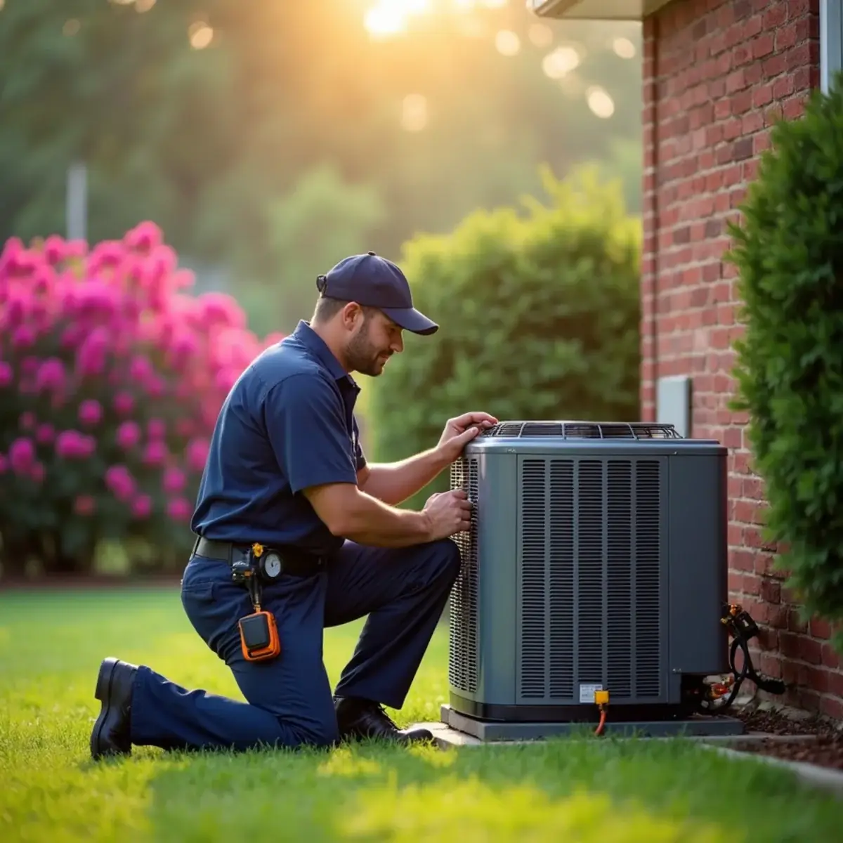 HVAC contractor servicing an outdoor AC condenser beside a red-brick ranch home in Burlington, NC