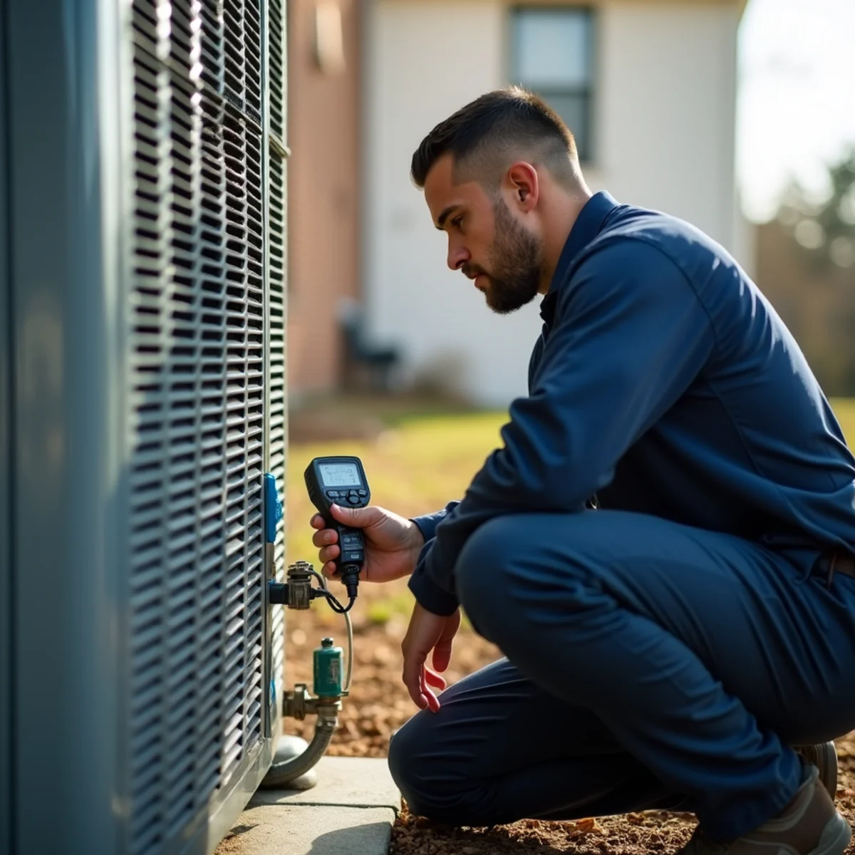 HVAC installer checking refrigerant pressures at startup of a new system in Burlington, NC
