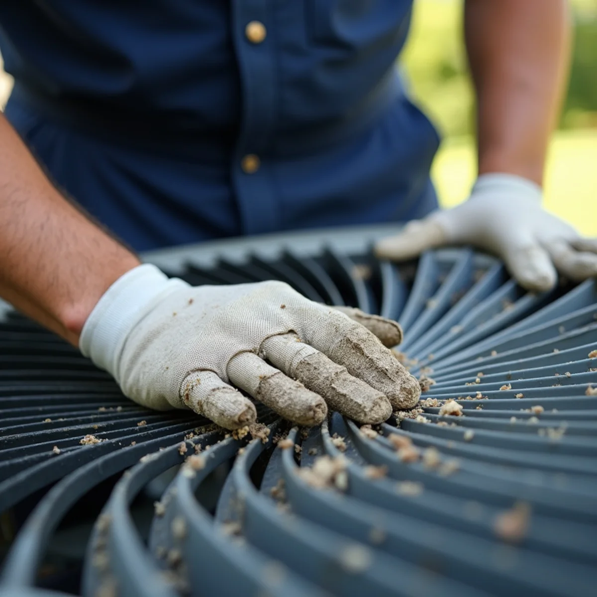 Outdoor AC coil matted with cottonwood fuzz and grass clippings before maintenance in Burlington, NC