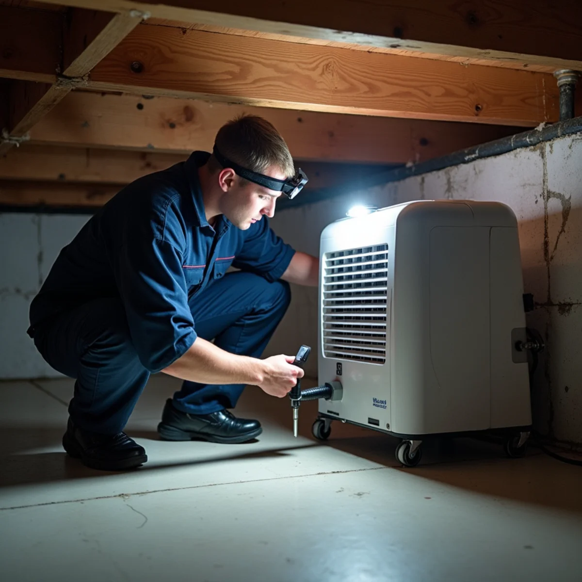 HVAC technician installing a crawlspace dehumidifier for indoor air quality in Burlington, NC