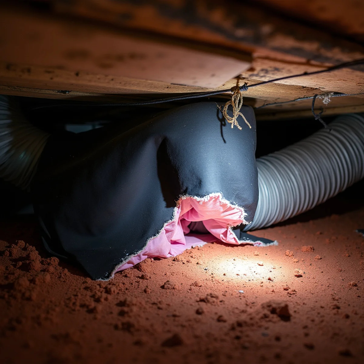 Torn belly board exposing ductwork under a manufactured home near Burlington, NC