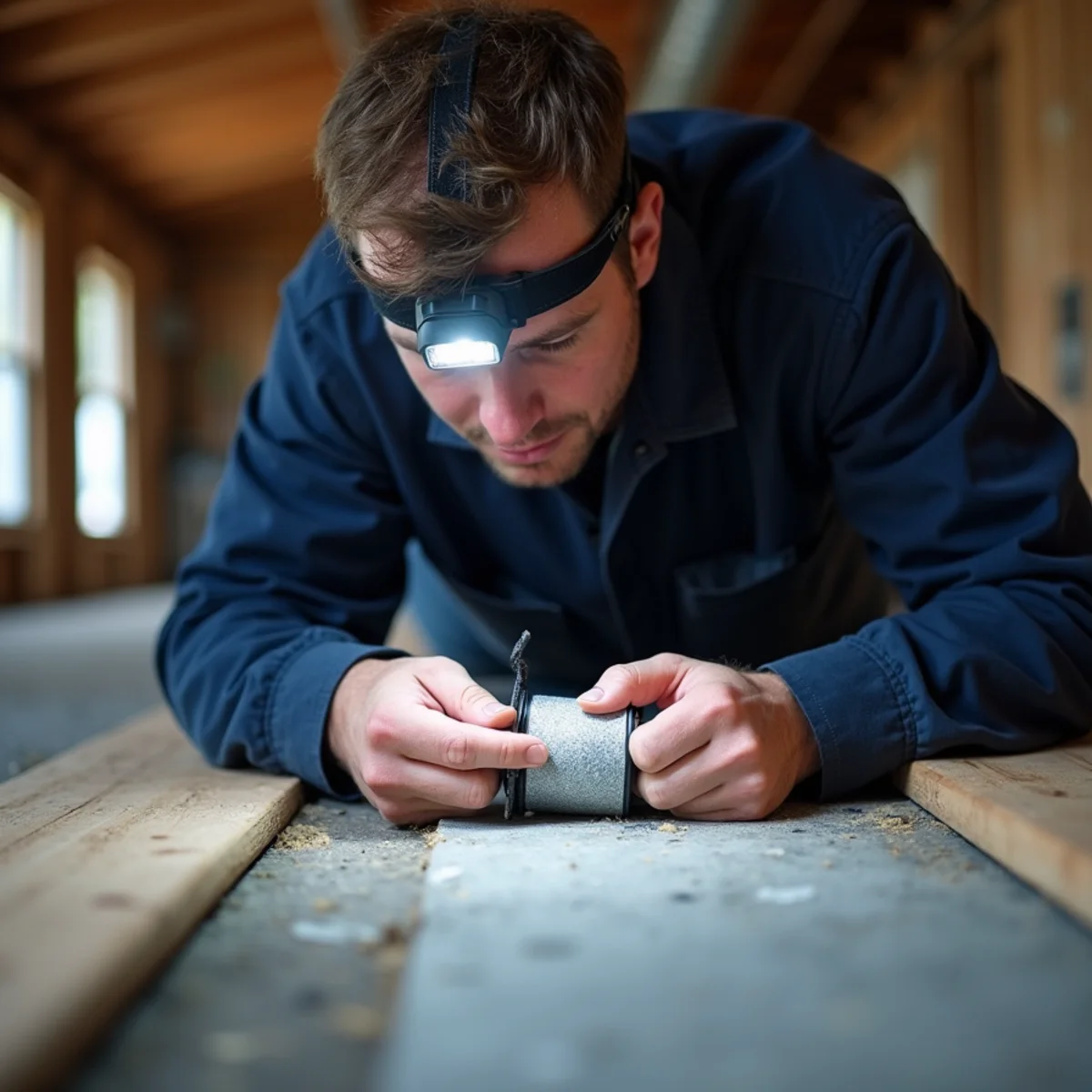 HVAC technician repairing ductwork and belly board under a mobile home near Burlington, NC